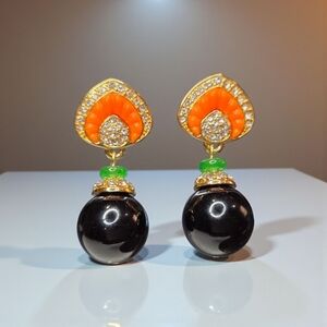Exquisite High-end Designer 18k Gold Plated Crystal Onyx Glass Drop Earrings